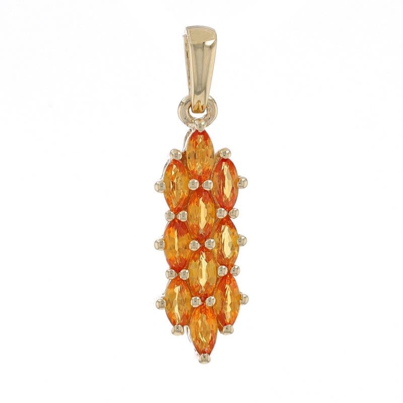 Metal Content: 10k Yellow Gold

Stone Information

Natural Spessartite Garnets
Carat(s): 1.30ctw
Cut: Marquise
Color: Orange

Total Carats: 1.30ctw

Style: Cluster

Measurements

Tall (from stationary bail): 29/32