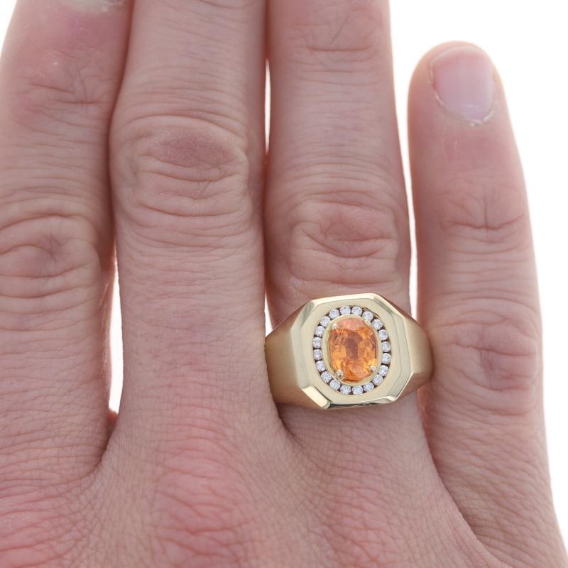 Size: 11 1/4
Sizing Fee: Up 1 size for $50 or Down 1 size for $50
Note: The re-sizing process will remove the ring's interior stamps.

Metal Content: 14k Yellow Gold

Stone Information
Natural Spessartite Garnet
Carat(s): 2.85ct
Cut: Oval
Color: