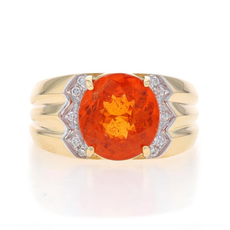 Size: 7
Sizing Fee: Up 1/2 a size for $50 or Down 1/2 a size for $50

Metal Content: 14k Yellow Gold & 14k White Gold

Stone Information

Natural Spessartite Garnet
Carat(s): 4.03ct
Cut: Oval
Color: Orange

Natural Diamonds
Carat(s): .12ctw
Cut: