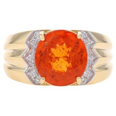Yellow Gold Spessartite Garnet Diamond Ring - 14k Oval 4.15ctw Ribbed
