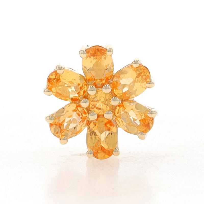 Metal Content: 10k Yellow Gold

Stone Information
Natural Spessartite Garnets
Carat(s): .75ctw
Cut: Oval & Round
Color: Yellow

Total Carats: .75ctw

Style: Halo
Theme: Flower

Measurements
Tall: 7/16