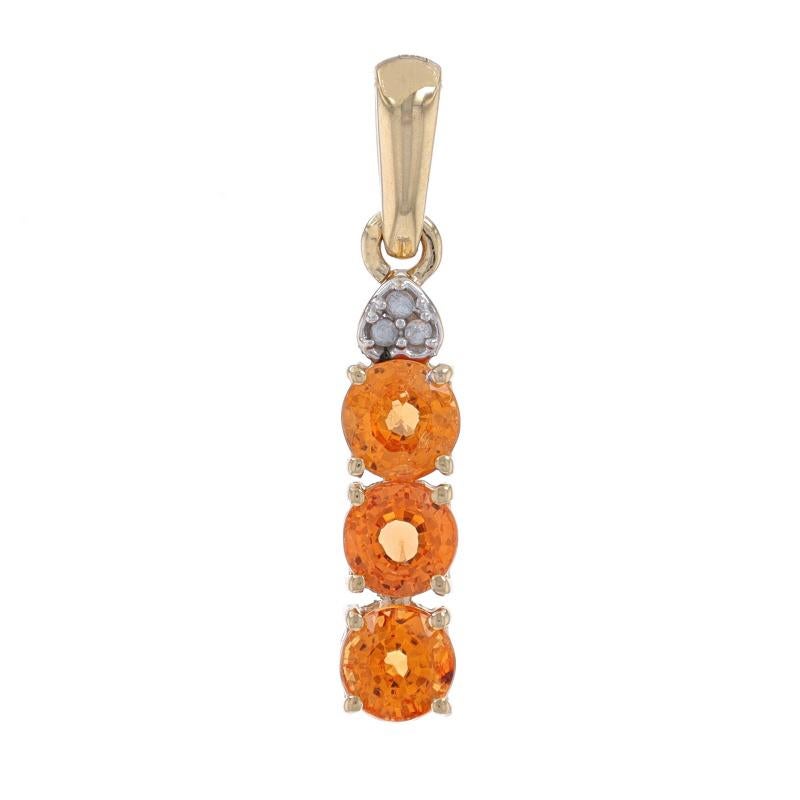 Metal Content: 10k Yellow Gold & 10k White Gold

Stone Information
Natural Spessartite Garnets
Carat(s): 1.20ctw
Cut: Round
Color: Orange

Natural White Topaz
Carat(s): .03ctw
Cut: Round

Total Carats: 1.23ctw

Style: Three-Stone Journey with