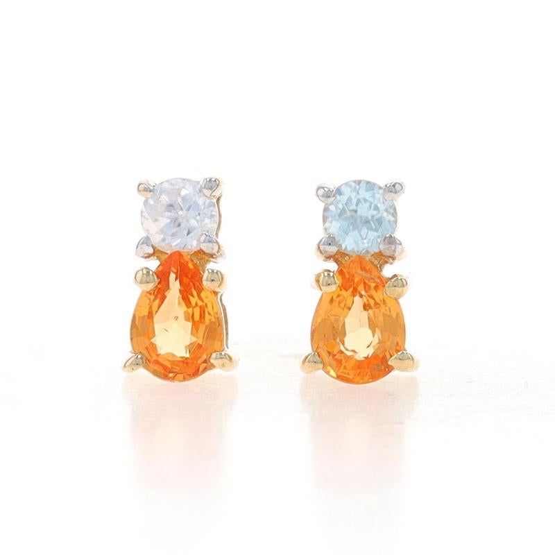 Metal Content: 10k Yellow Gold

Stone Information
Natural Spessartite Garnets
Carat(s): .54ctw
Cut: Pear
Color: Orange

Natural White Topaz
Carat(s): .22ctw
Cut: Round

Total Carats: .76ctw

Style: Stud
Fastening Type: Butterfly