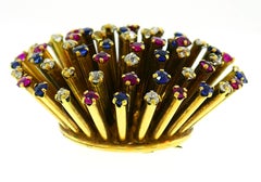 Yellow Gold Sputnik Pin Brooch Clip with Diamond Sapphire Ruby, French, 1950s