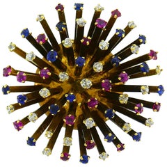 Yellow Gold Sputnik Pin Brooch Clip with Diamond Sapphire Ruby, French, 1950s