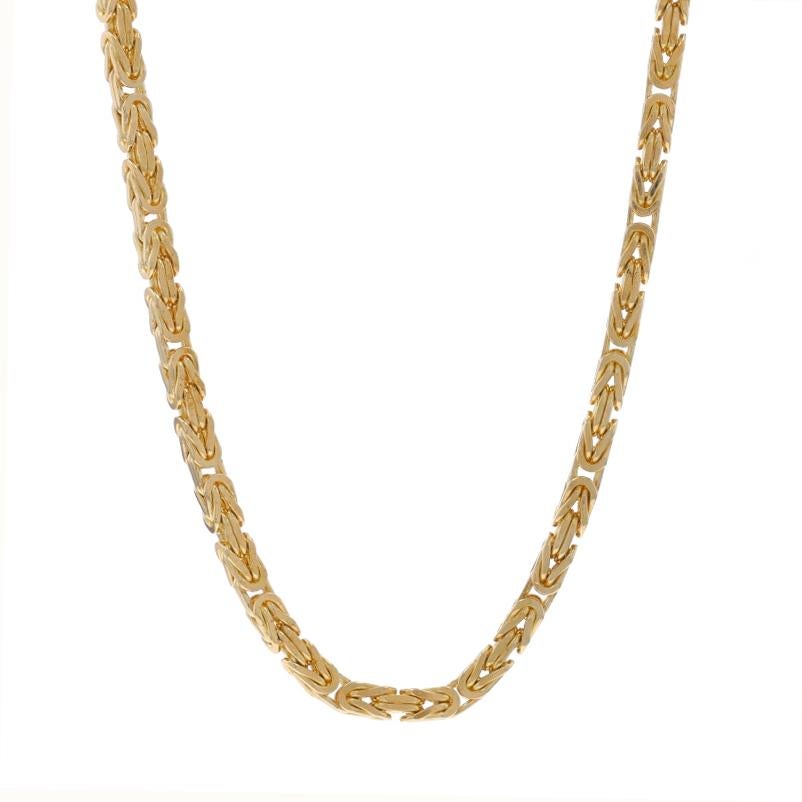 Contenu du métal : Or jaune 14k

Style de chaîne : Byzantine carrée
Style du collier : Chaîne
Type de fermeture : Fermoir à griffe de homard

Mesures

Longueur : 24 3/4