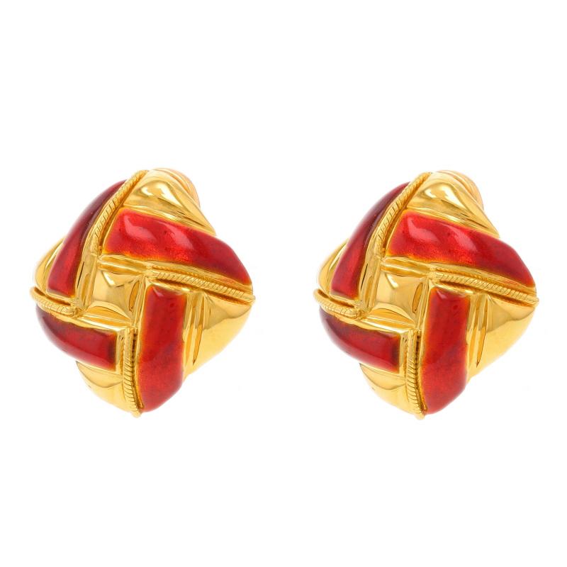 Orecchini a perno grandi con nodo quadrato in oro giallo - Corda con smalto rosso 18 ct. In condizioni ottime a Greensboro, NC