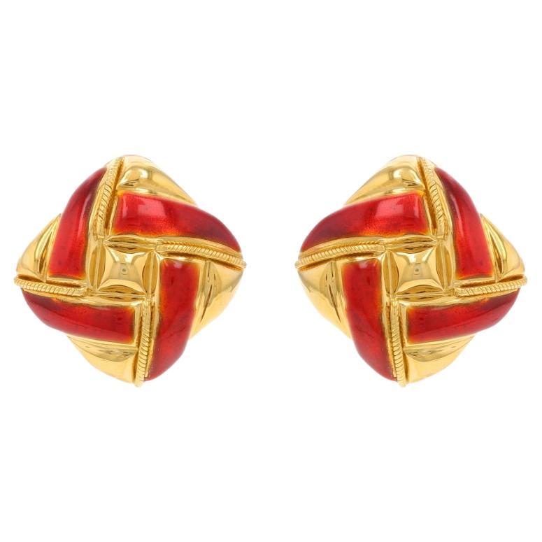 Orecchini a perno grandi con nodo quadrato in oro giallo - Corda con smalto rosso 18 ct.