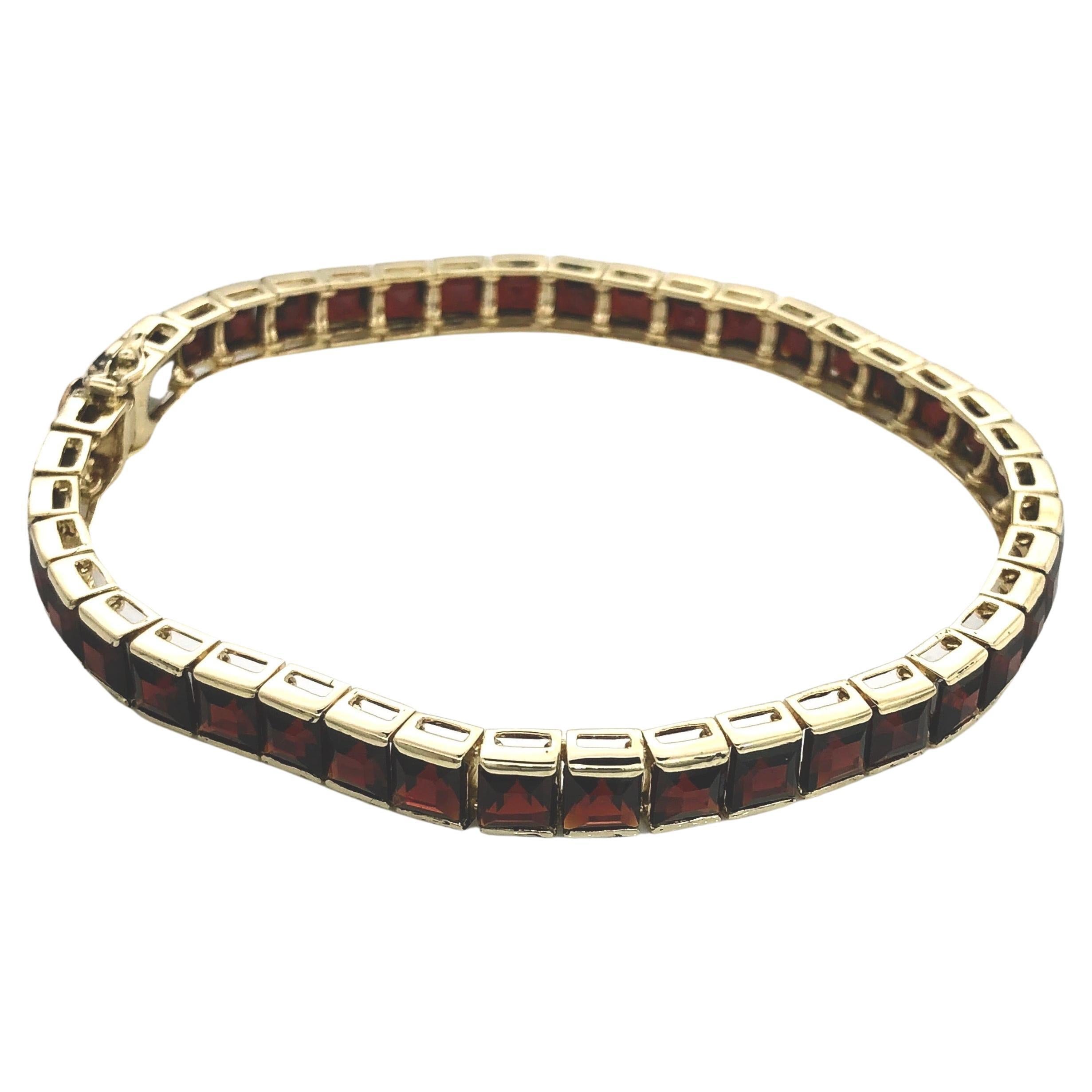 Yellow gold square link tennis bracelet  with  Bohemian garnets For Sale