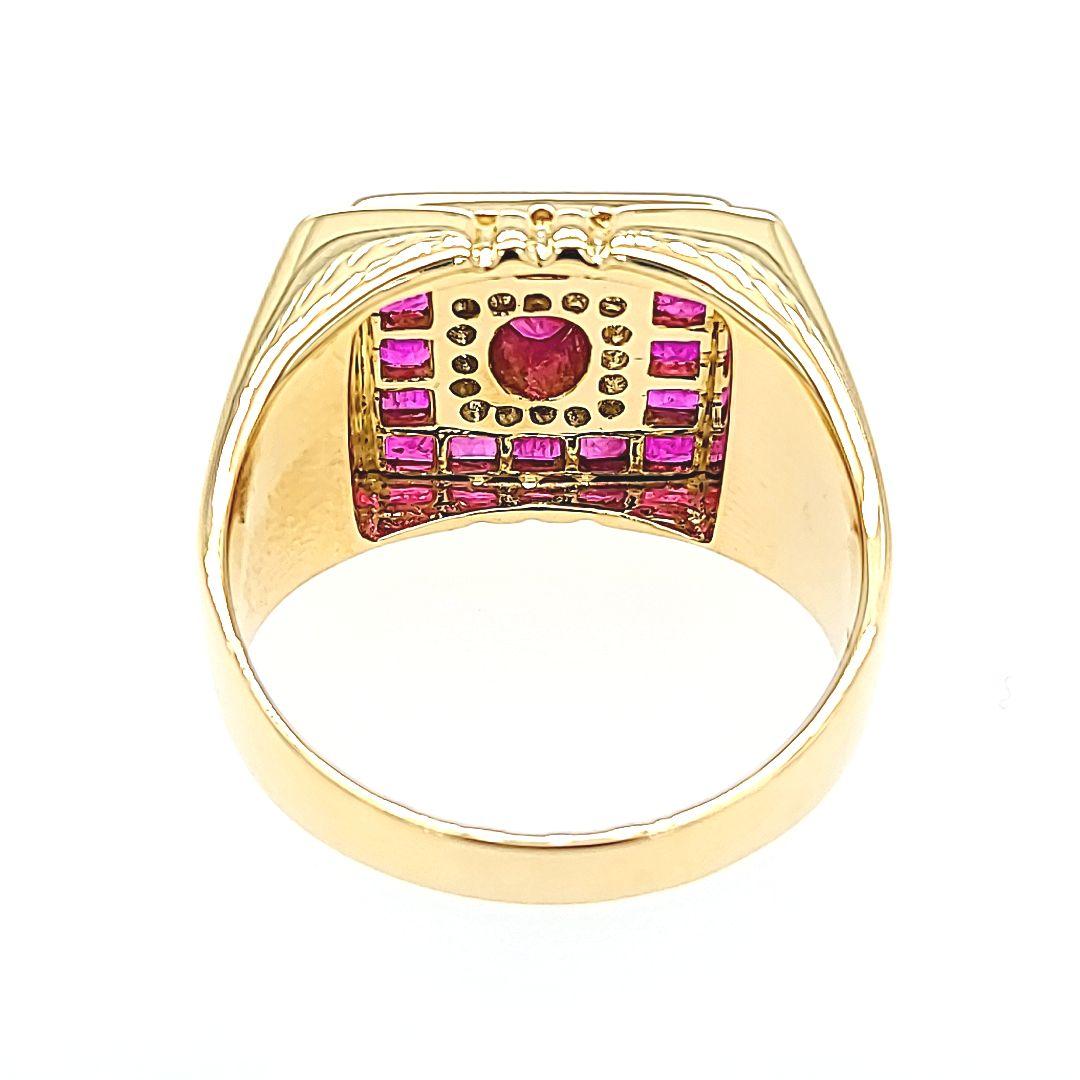 Princess Cut Yellow Gold Square Ruby and Diamond Signet Ring For Sale
