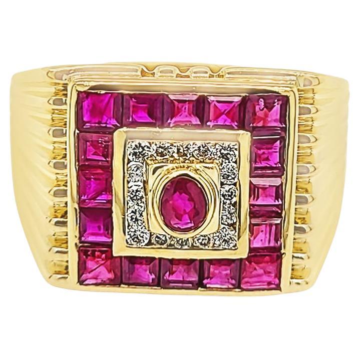 Yellow Gold Square Ruby and Diamond Signet Ring For Sale