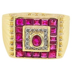Vintage Yellow Gold Square Ruby and Diamond Signet Ring