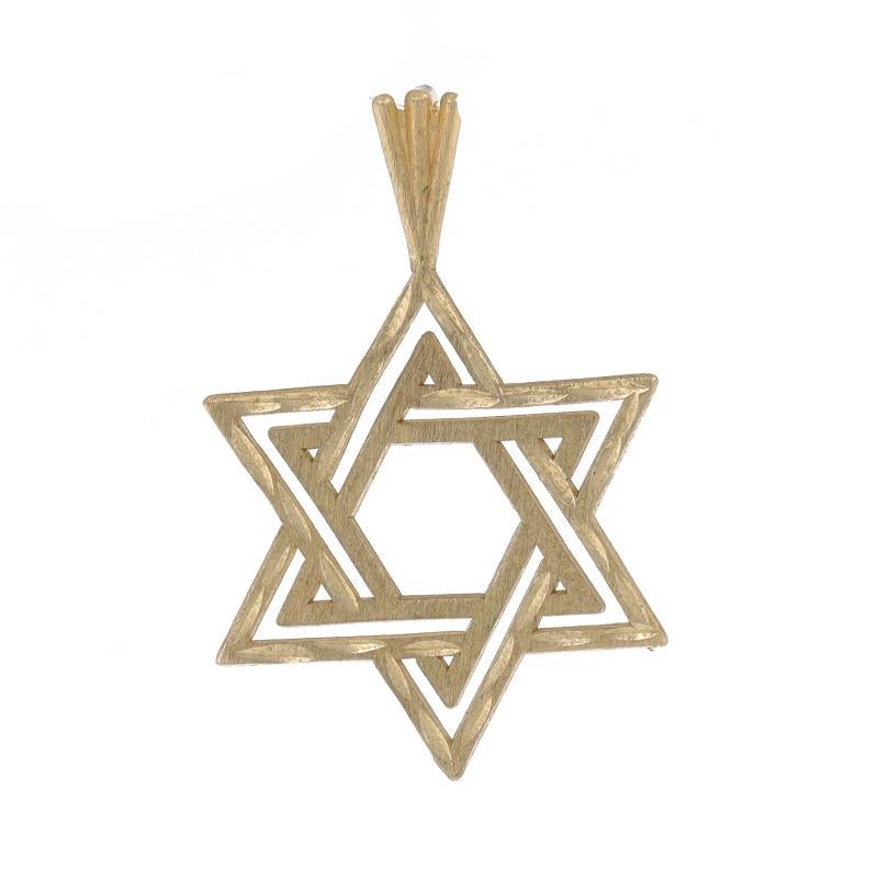 Brand: Michael Anthony

Metal Content: 14k Yellow Gold

Theme: Star of David, Judaica, Faith
Features: Matte Open Cut Design with Etched Detailing

Measurements

Tall (from stationary bail): 1 1/8