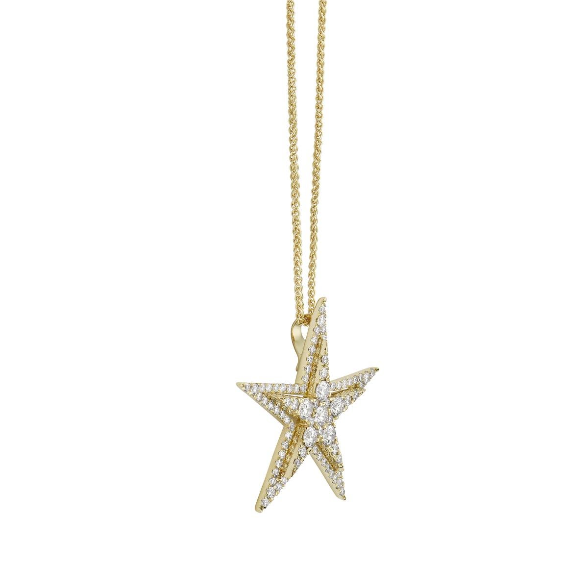 This star pendant shines bright with 96 round VS2, G color diamonds that total 0.87 carats. They are set in 2.5 grams of 18 karat yellow gold. This stunning 5 points star comes with an 18 karat yellow gold chain that can be worn at 3 different