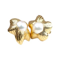 Retro Yellow Gold Star Shaped Mabe Pearl Clip on Earrings