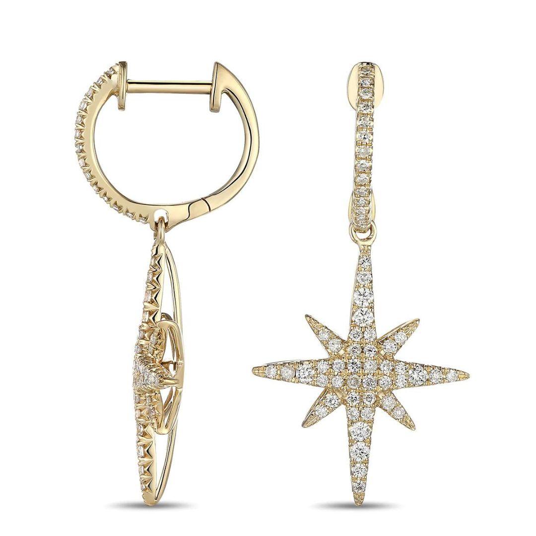 Starburst drop diamond cocktail earrings in soft 14k yellow gold. Perfect luxury accessory for a special night or a special event. Earrings contain 112 round white diamonds, H-I color, SI clarity, 0.51 ctw, and measure approximately 1.5 inches in