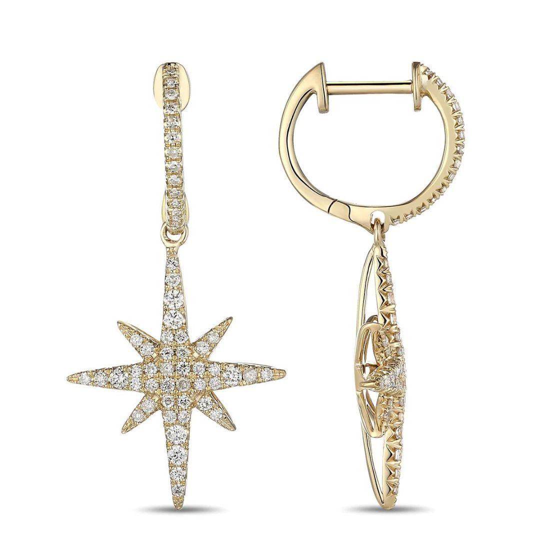Round Cut Yellow Gold Starburst Drop Diamond Cocktail Earrings For Sale