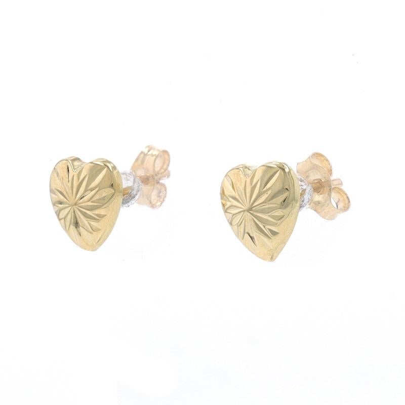 Yellow Gold Starburst Heart Stud Earrings - 14k Love Etched Pierced In Excellent Condition For Sale In Greensboro, NC