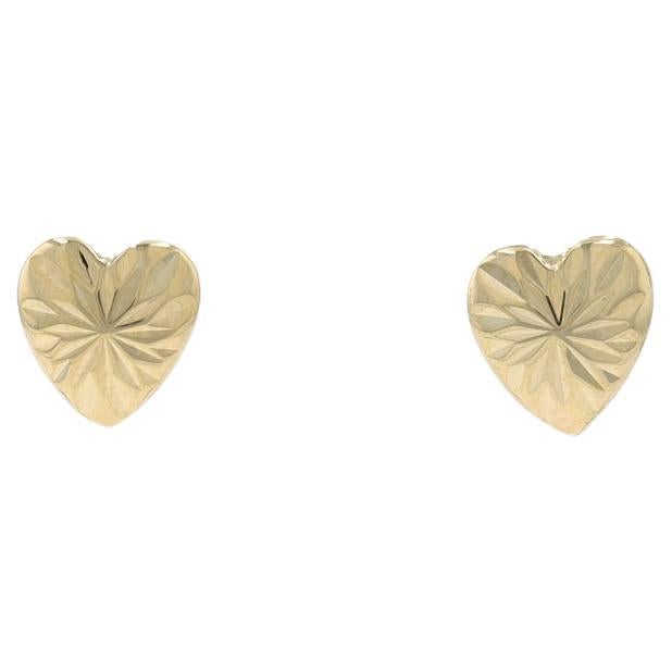 Yellow Gold Starburst Heart Stud Earrings - 14k Love Etched Pierced For Sale