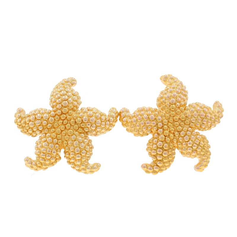 Metal Content: 14k Yellow Gold

Style: Large Stud
Fastening Type: Butterfly Closures
Theme: Starfish, Sea Creature, Beach
Features: Texutred Detailing

Measurements

Tall: 15/16