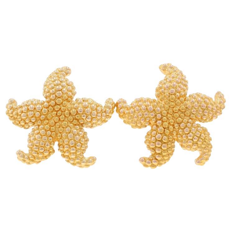Yellow Gold Starfish Large Stud Earrings 14k Sea Creature Pierced For Sale
