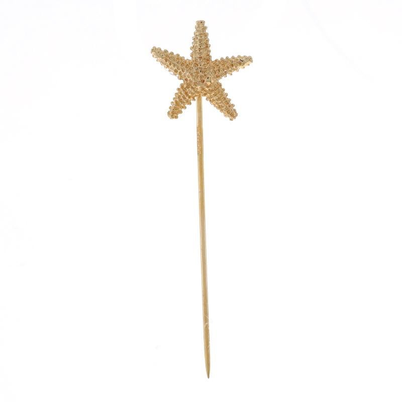 Metal Content: 14k Yellow Gold

Style: Stickpin
Theme: Starfish, Ocean Life
Features: Smoothly Finished with Textured Detailing

Measurements

Face Height (north to south): 5/8