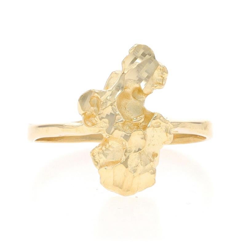Size: 5 1/2
Sizing Fee: Up 3 sizes for $35 or Down 2 sizes for $35

Metal Content: 14k Yellow Gold

Style: Statement
Theme: Nugget
Features: Cathedral Mount

Measurements

Face Height (north to south): 9/16