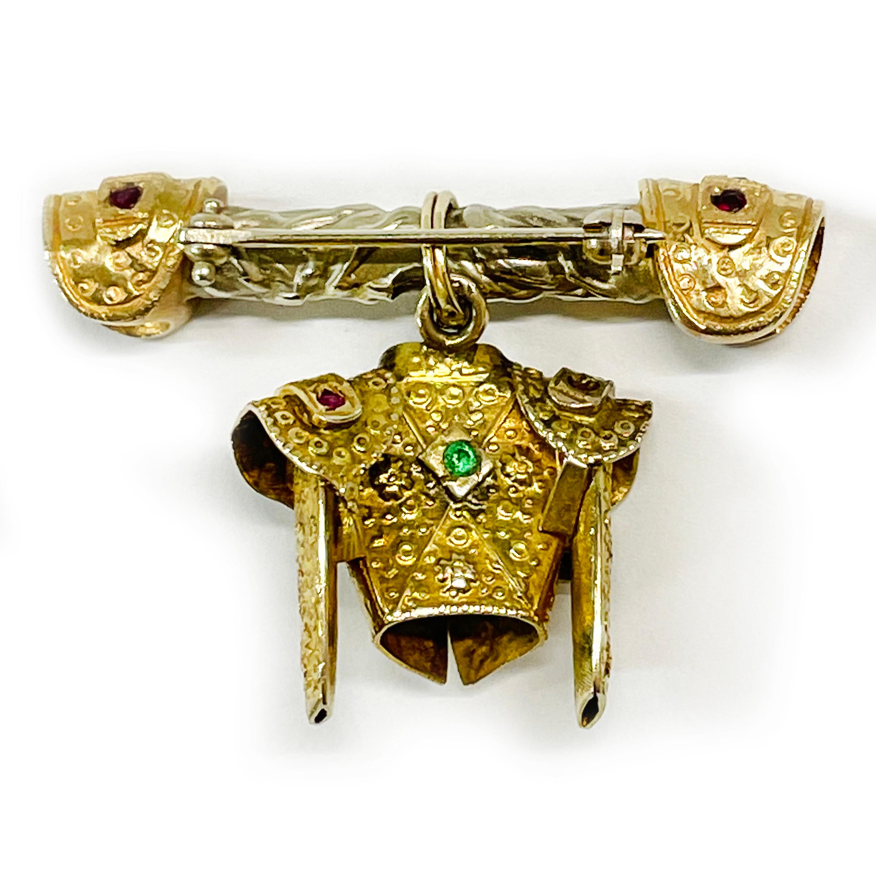 Retro Yellow Gold Sterling Ruby Emerald Matador Brooch/Pin For Sale