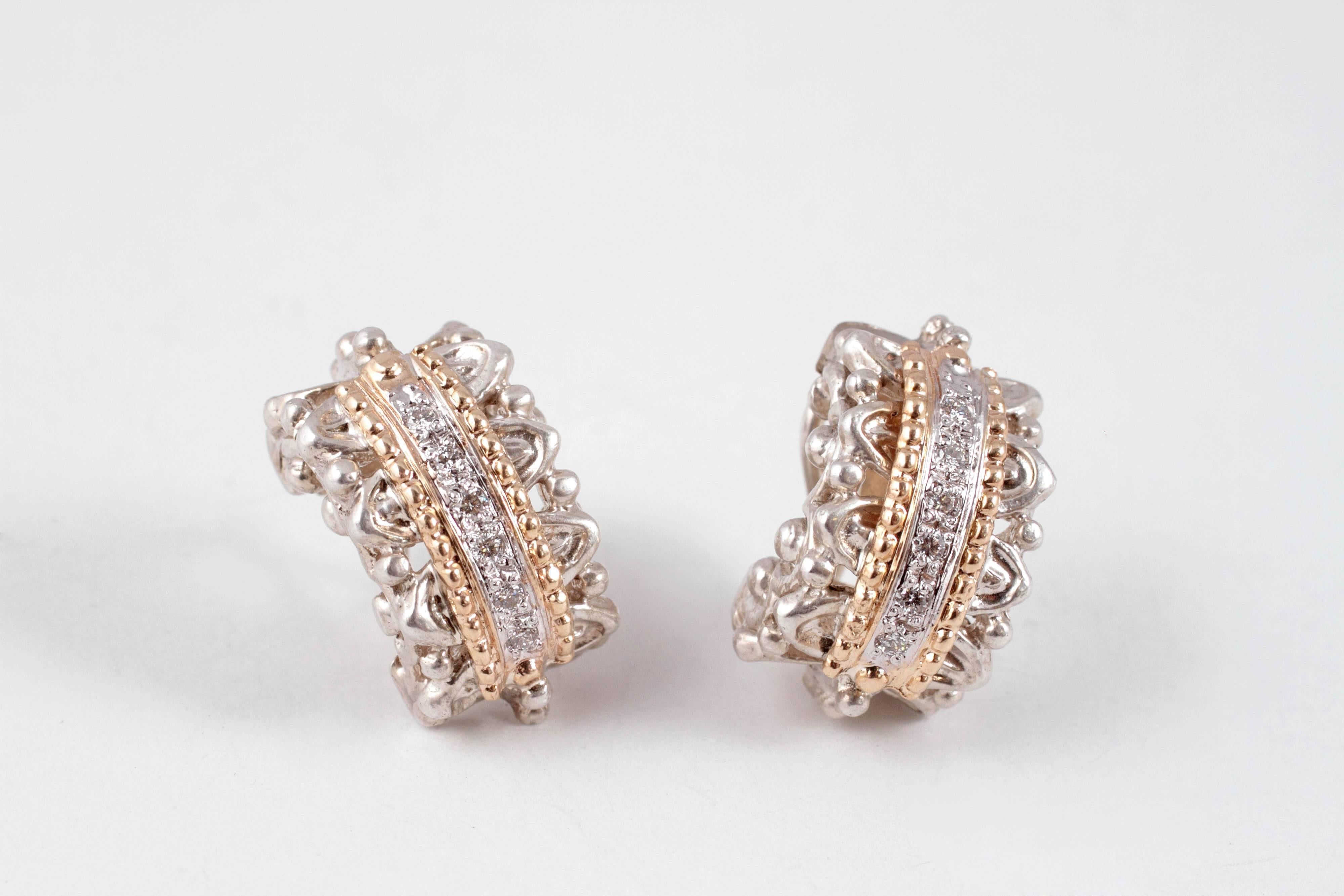Yellow Gold Sterling Silver Diamond Earrings by 