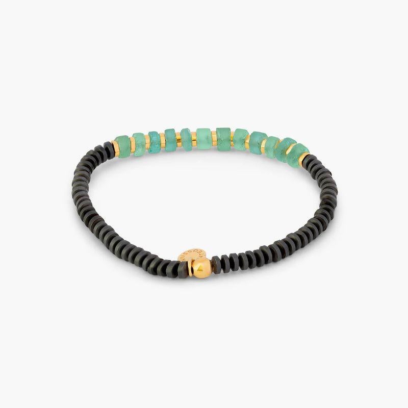 Yellow Gold Plated Sterling Silver Hematite Imperial Bracelet with Roman Glass, Size M

This style combines some of our most uniquely sourced materials like hematite carved into small discs. We have paired this with pieces of 2000-year-old ancient