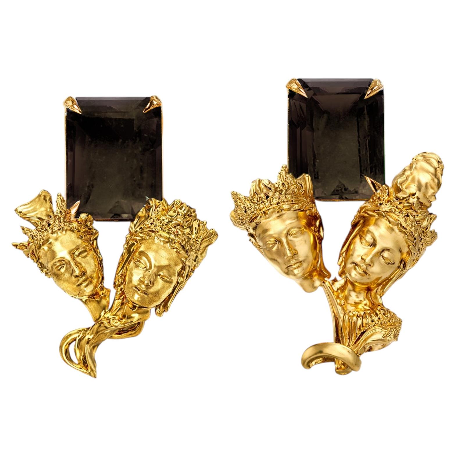 Yellow Gold Stud Contemporary Earrings with Smoky Quartzes