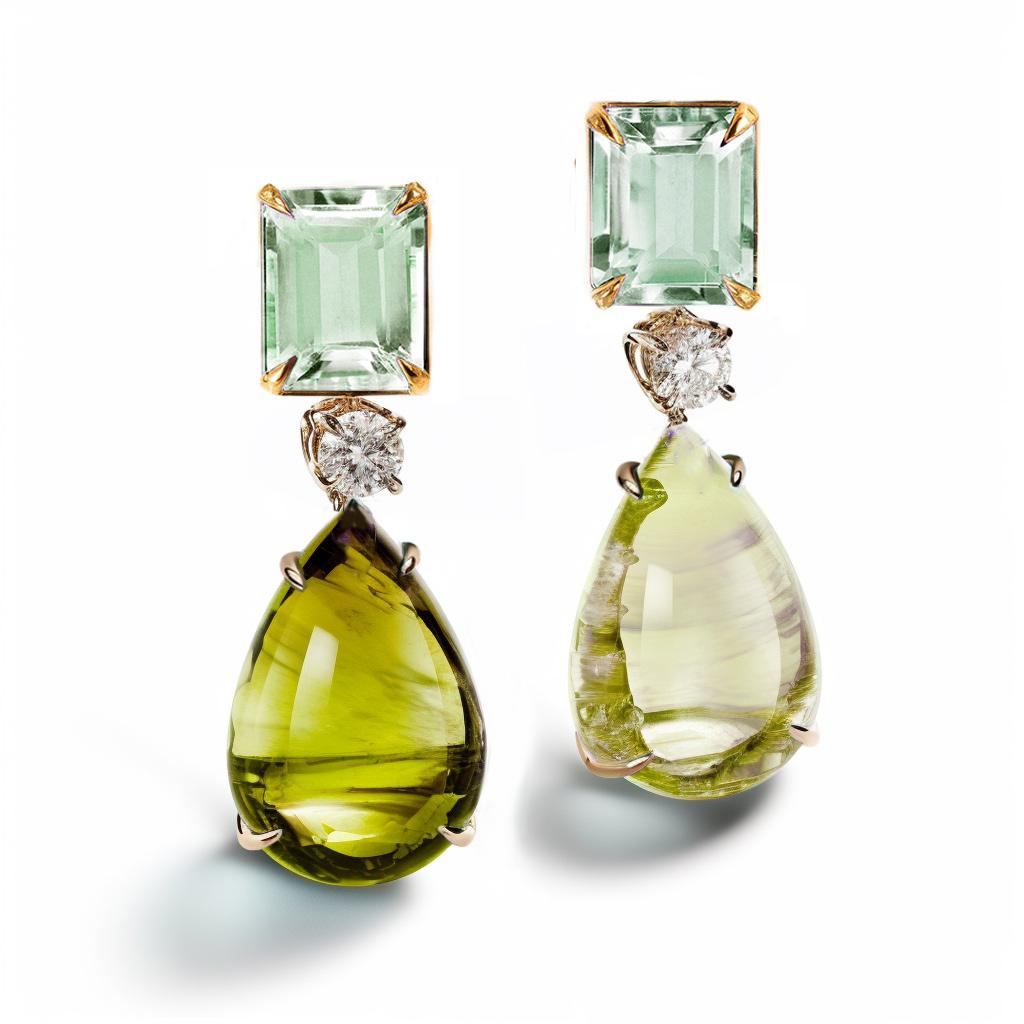 Contemporary Yellow Gold Stud Drop Earrings with Sapphires and Cabochon Peridotes For Sale
