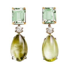Yellow Gold Stud Drop Earrings with Sapphires and Cabochon Peridotes