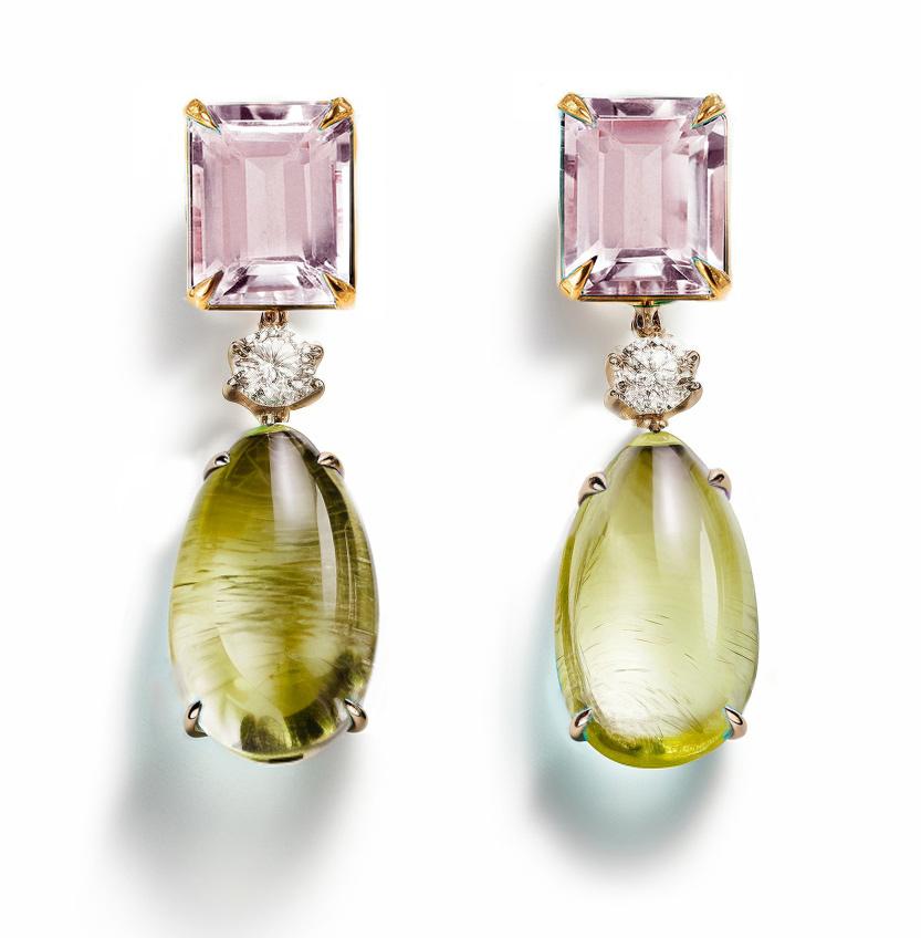 Yellow Gold Stud Drop Earrings with Sapphires and Rose Quartzes For Sale 5