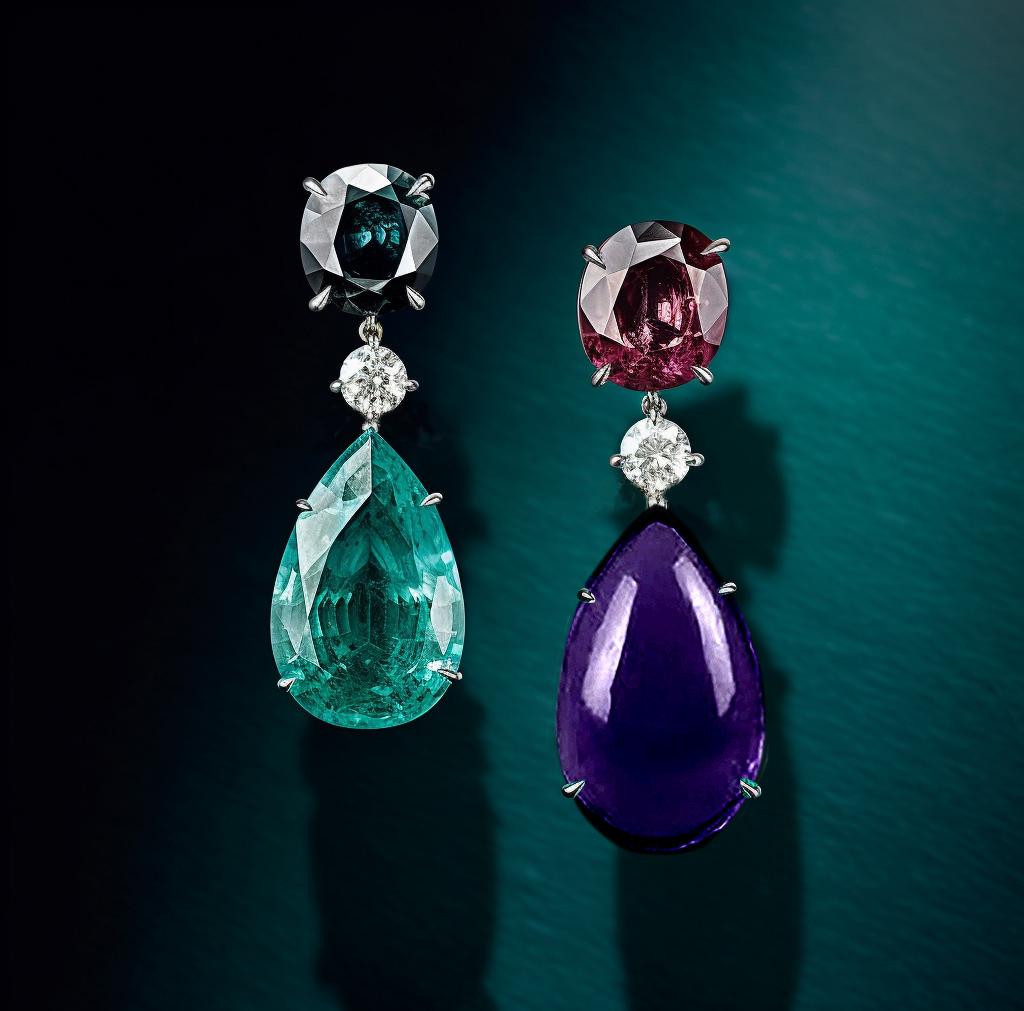 Yellow Gold Stud Drop Earrings with Sapphires and Rose Quartzes In New Condition For Sale In Berlin, DE