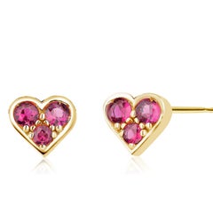 Yellow Gold Stud Earrings with Heart Shaped Ruby