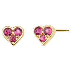 Yellow Gold Stud Earrings with Heart Shaped Ruby