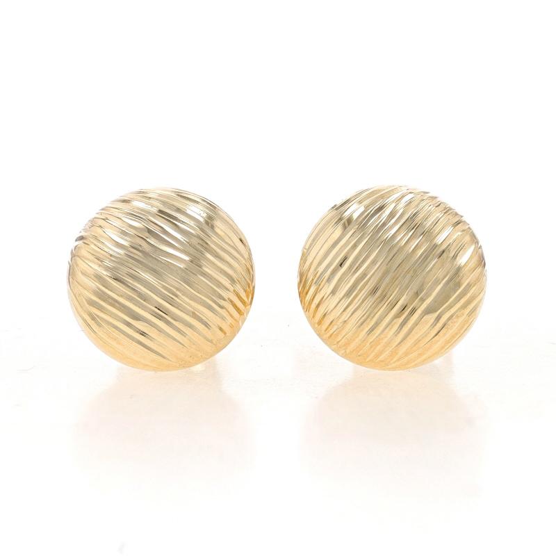 Metal Content: 14k Yellow Gold

Style: Stud
Fastening Type: Butterfly Closures
Theme: Stripe Dot Circles
Features: Smoothly finished with etched detailing & hollow construction for comfortable wear

Measurements
Diameter: 7/16
