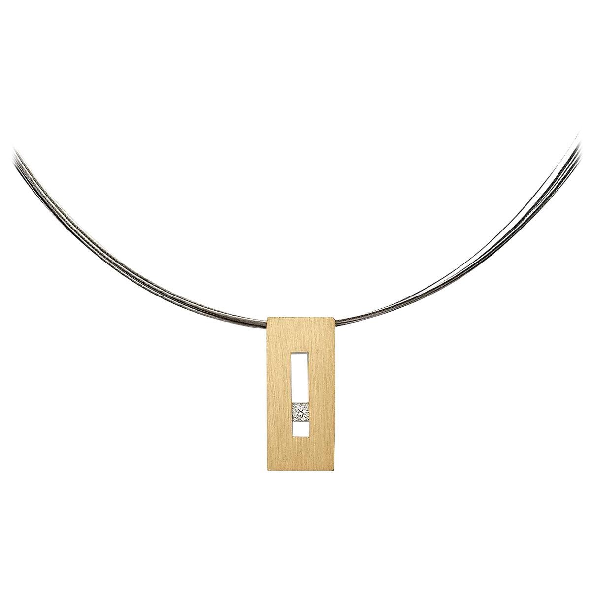 Diamond in Yellow Gold Suspended Rectangle Pendant For Sale