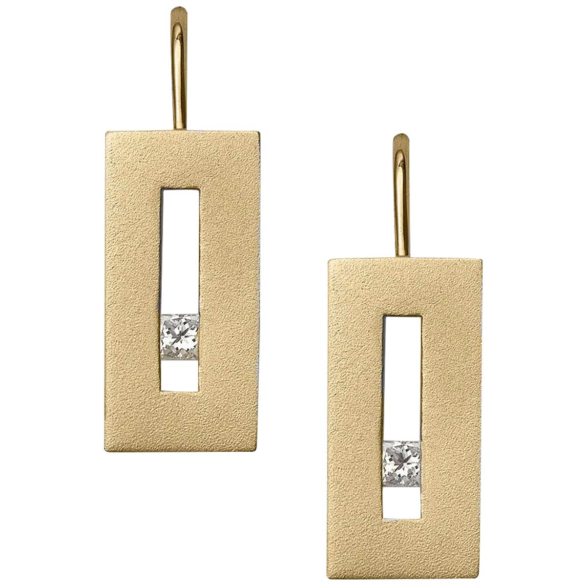 Diamond in Yellow Gold Suspended Rectangle Earrings For Sale