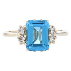 Yellow Gold Swiss Blue Topaz & Diamond Ring, 14k Emerald Cut 2.50ctw