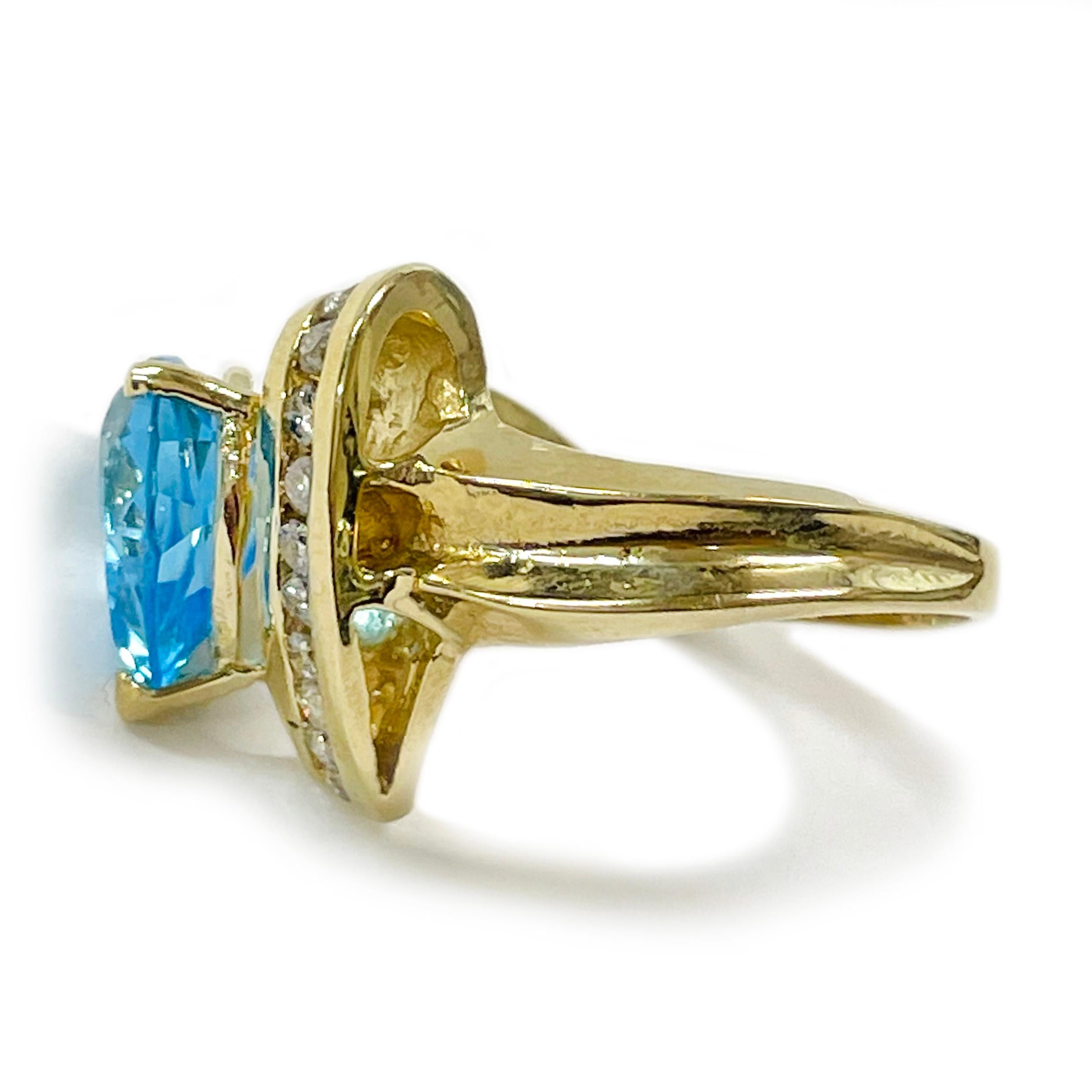 Retro Yellow Gold Swiss Blue Topaz Heart Diamond Ring For Sale