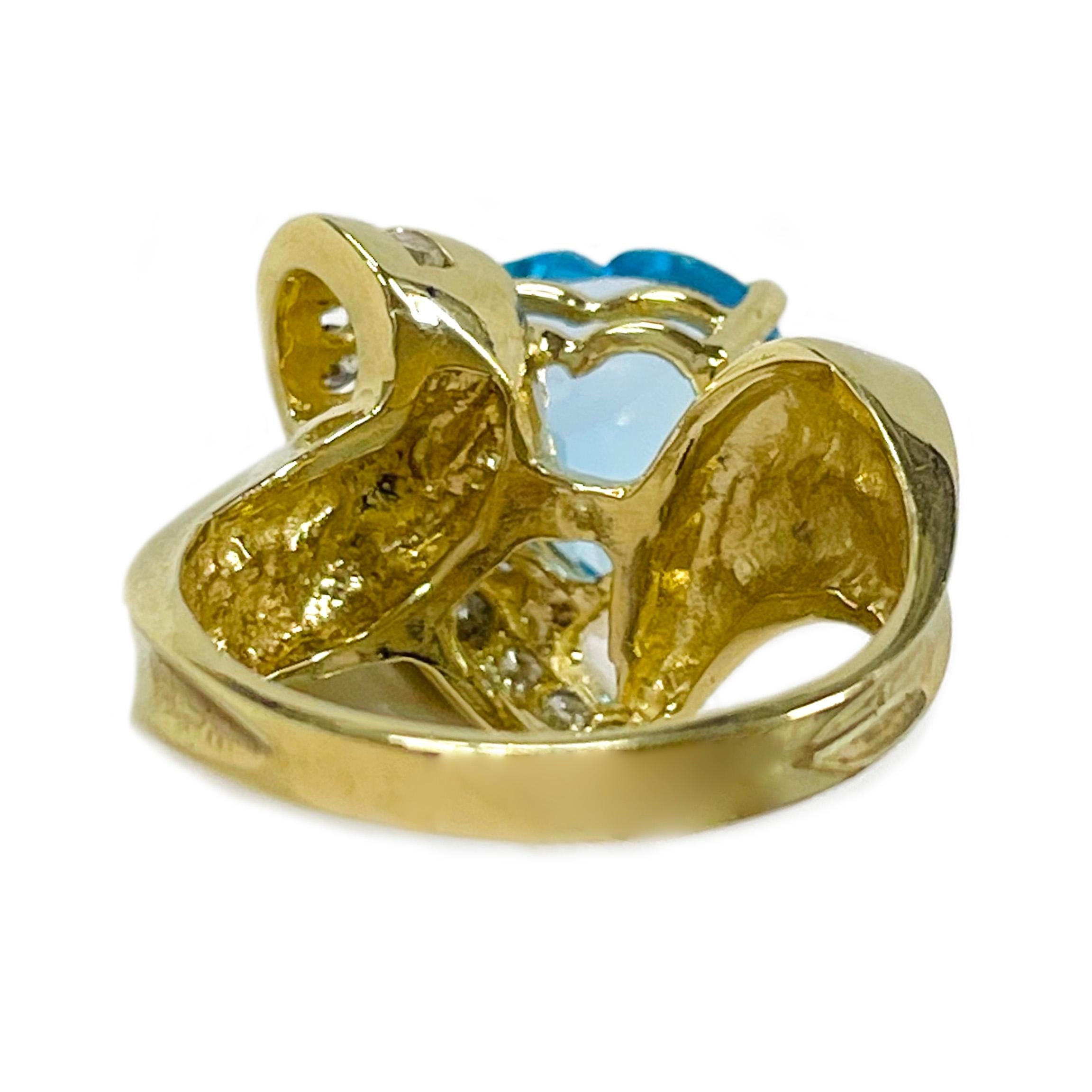 Yellow Gold Swiss Blue Topaz Heart Diamond Ring In Good Condition For Sale In Palm Desert, CA