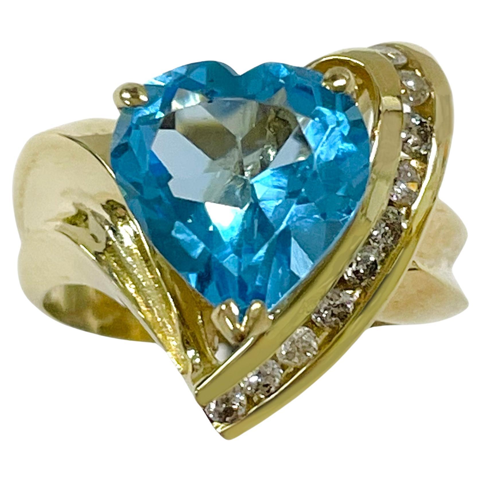Yellow Gold Swiss Blue Topaz Heart Diamond Ring For Sale