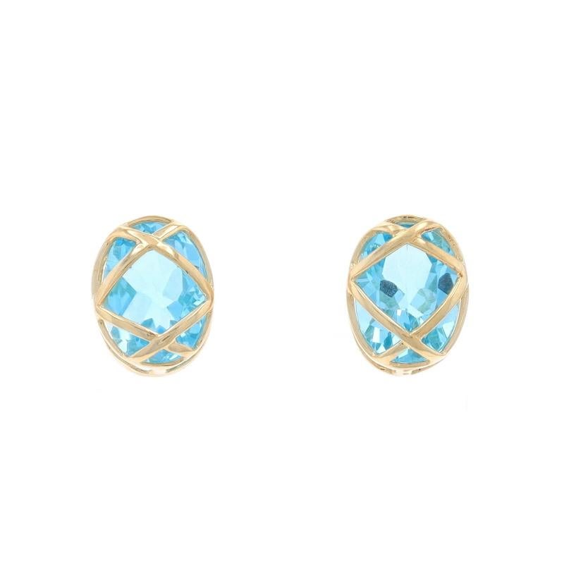 Metal Content: 14k Yellow Gold

Stone Information

Natural Swiss Blue Topaz
Treatment: Routinely Enhanced
Carat(s): 2.20ctw
Cut: Oval

Total Carats: 2.20ctw

Style: Stud
Fastening Type: Butterfly Closures
Theme: Latticework

Measurements

Tall: 3/8