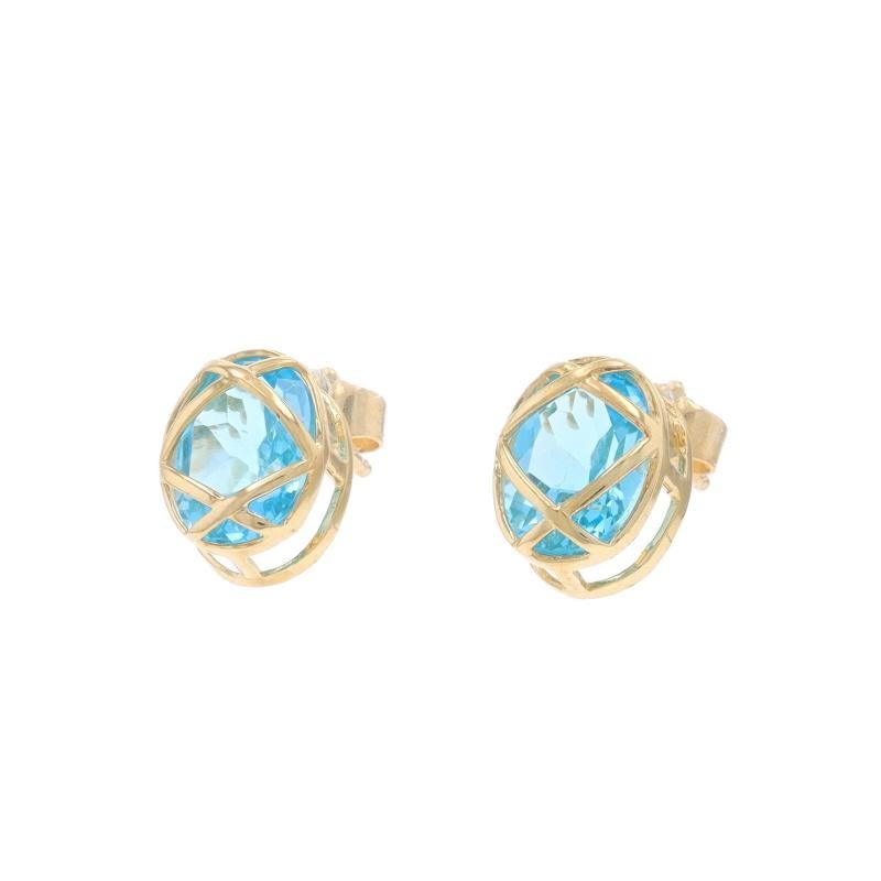 Taille ovale Yellow Gold Swiss Blue Topaz Latticework Stud Earrings -14k Oval 2.20ctw Pierced en vente