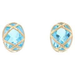 Yellow Gold Swiss Blue Topaz Latticework Stud Earrings -14k Oval 2.20ctw Pierced