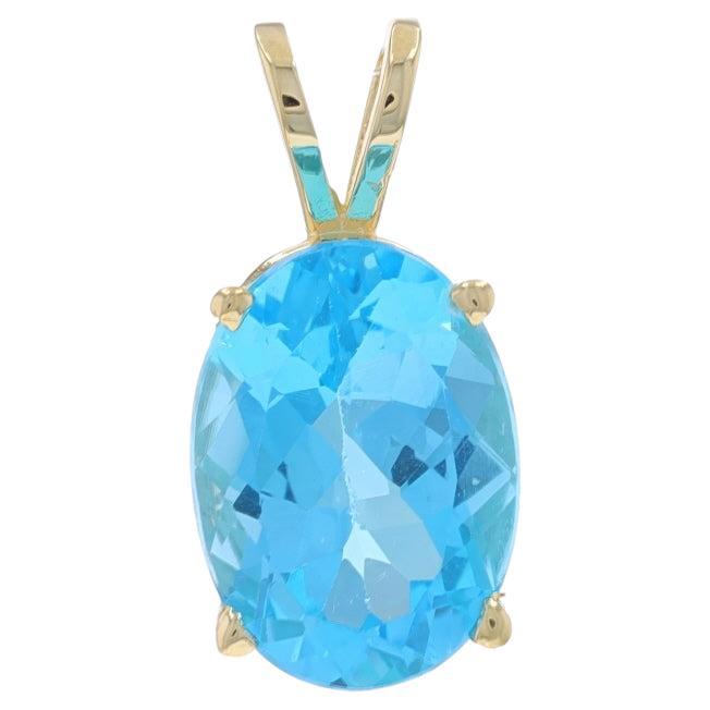 Yellow Gold Swiss Blue Topaz Solitaire Pendant - 14k Oval 8.80ct For Sale