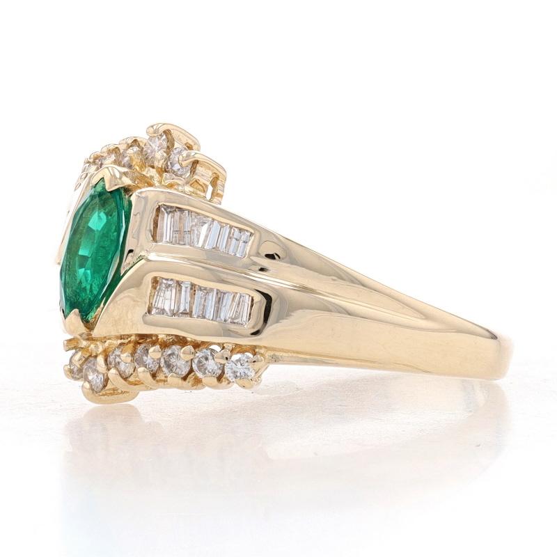 Marquise Cut Yellow Gold Synthetic Emerald & Diamond Bypass Ring - 14k Marquise 1.00ctw For Sale