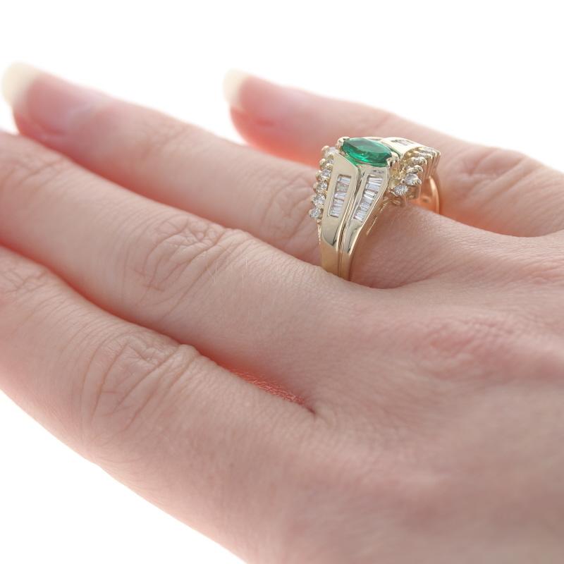 Yellow Gold Synthetic Emerald & Diamond Bypass Ring - 14k Marquise 1.00ctw In Excellent Condition For Sale In Greensboro, NC